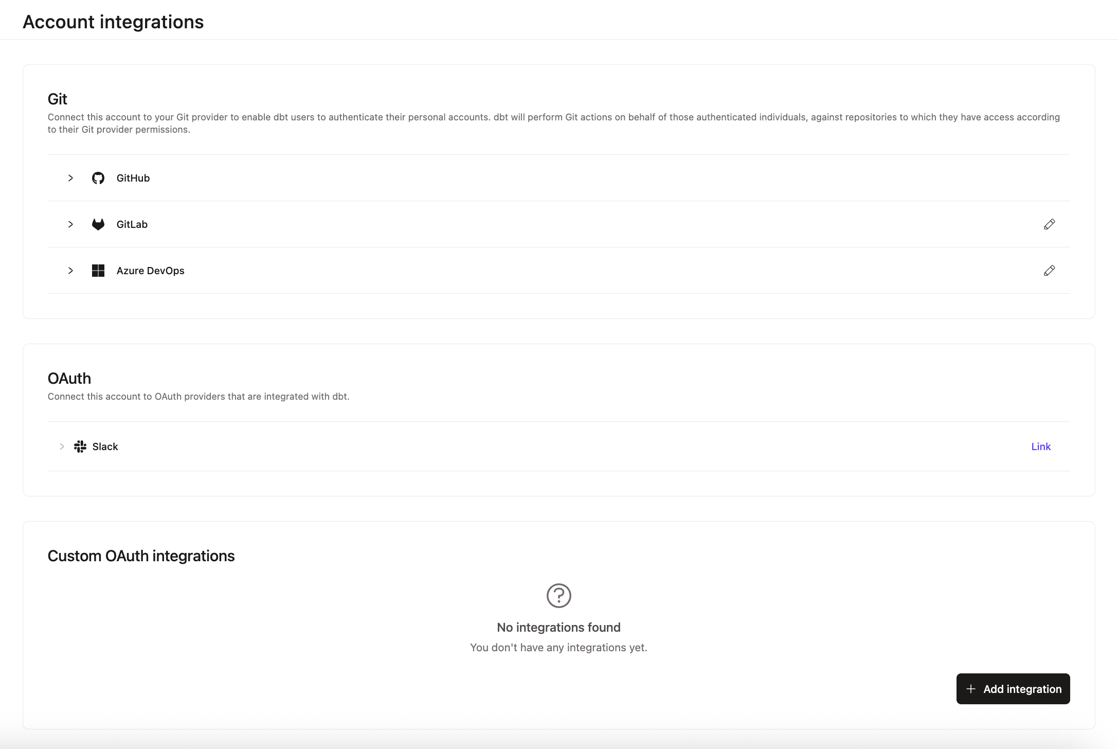 Example of Account integrations from the sidebar